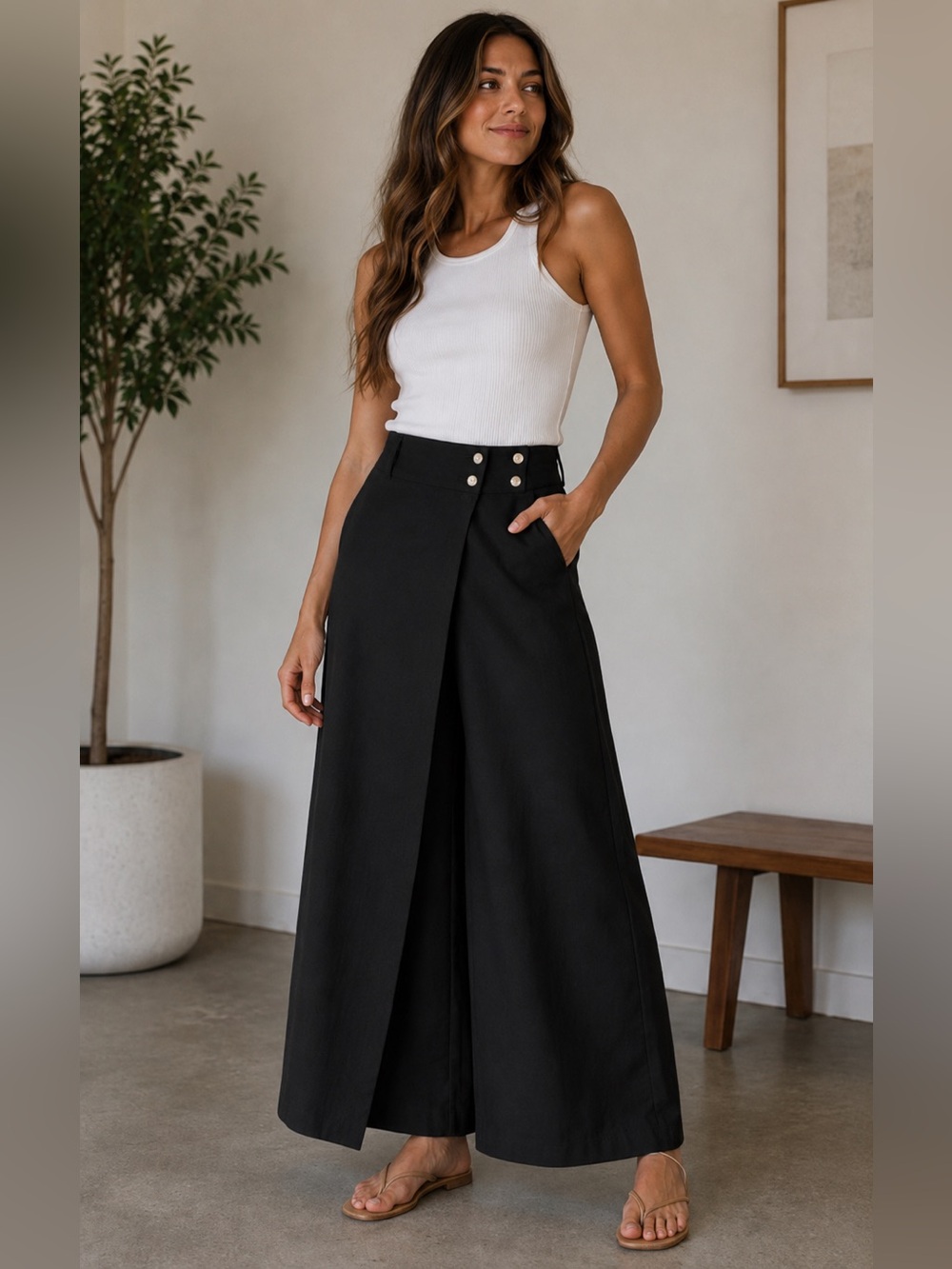 NWT Club Monaco Black Wide-Leg Culottes with Button Accent